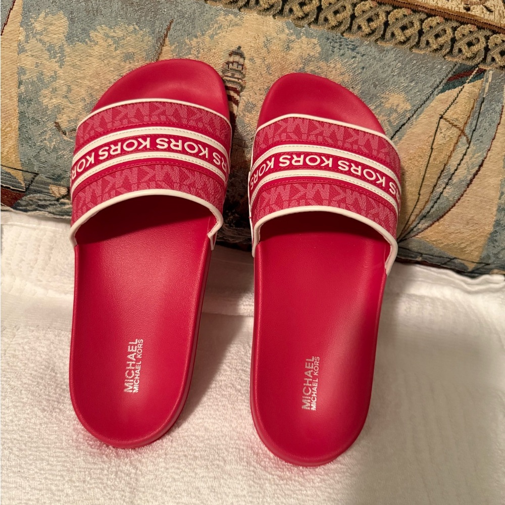 NWOT Michael Kors Pink-Red Logo Slide Sandals